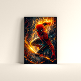 Dripster Spider-Man premium poster featuring dynamic Spider-Man with fiery web effects in black frame